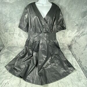 Black Faux Leather Wrap Dress Plus Size 2X Fit Flare Gothic Moto Minimalist EUC
